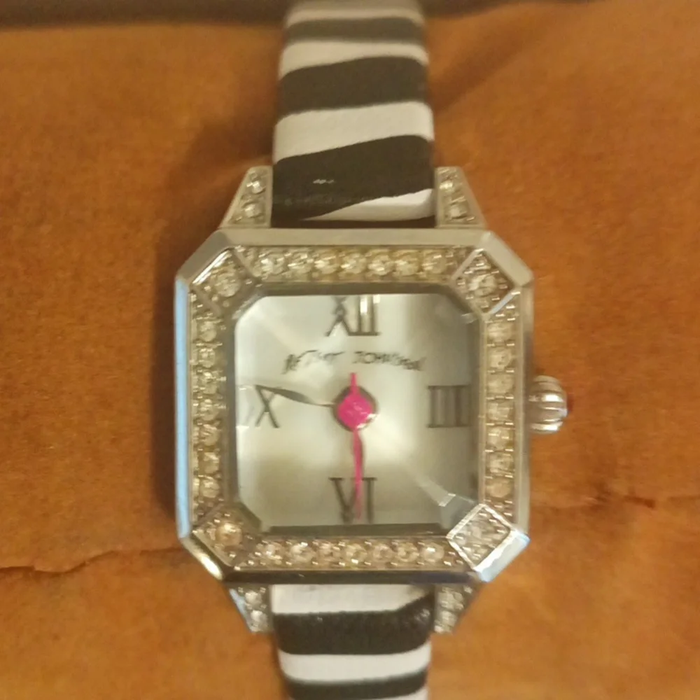 Betsey Johnson zebra print leather and crystal women's square dome glas…